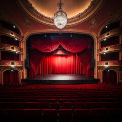 an empty theatre with red seats and lights at an open stage