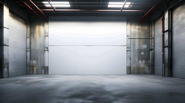 Modern empty industrial warehouse interior with closed shutter door and LED lighting.