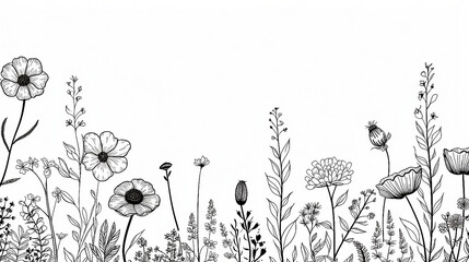 Collection of flowers and grasses drawn with black lines with copy space. - obrazy, fototapety, plakaty