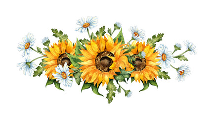 Watercolor illustration of a wreath border of yellow sunflowers and white daisies. Harvest Festival. The border is isolated. Compositions for posters, cards, banners, flyers, covers, placards.