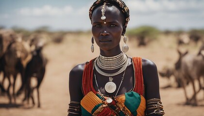 Portrait of Turkana woman in traditional clothes

