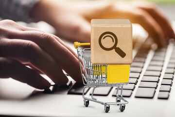 Shopping cart with cube of Magnifying icon