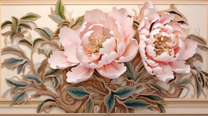 A breathtaking scene of a single, regal pink peony in Marquetry style, set against a backdrop of intricate woodwork and accented by subtle white and pastel tones.