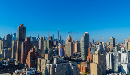 Aerial panorama view of Manhattan seen from Upper East Side rooftop