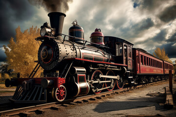 Fototapeta premium Beautiful retro appearance of a steam locomotive from the 1800s. Nostalgic for the good old days. Innovative advanced technology and industrial manufacturing concepts during the industrial revolution.
