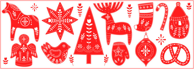 Scandinavian Christmas elements set tree, horse, candy, mitten,pretzel,sock, ball, bauble, bird,star,Santa Claus isolated red on white background - obrazy, fototapety, plakaty