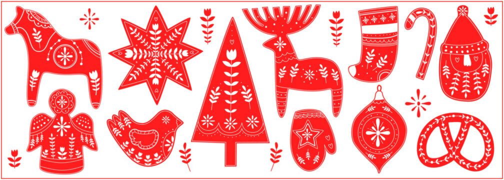 Scandinavian Christmas elements set tree, horse, candy, mitten,pretzel,sock, ball, bauble, bird,star,Santa Claus isolated red on white background