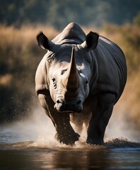 Rhino swims across the river at nature

