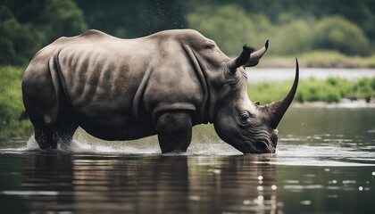 Fototapeta premium Rhino swims across the river at nature