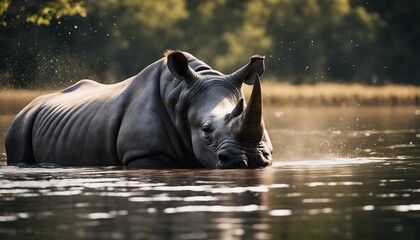 Rhino swims across the river at nature

