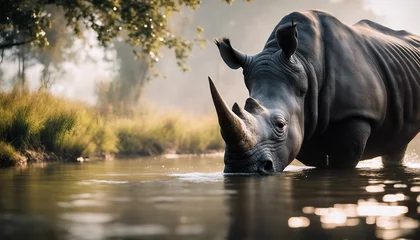 Foto op Canvas Rhino swims across the river   © abu