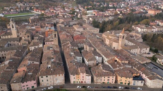 Italy, 05 December 2023 - aerial view of the wonderful medieval village of Urbania in the province of Pesaro and Urbino in the Marche region. Here you can breathe an air of past history