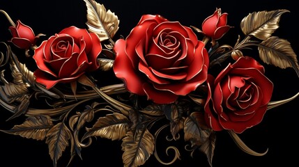 A high-definition image featuring red roses enriched with golden leaves and stems, their intricate details accentuated against a black background. Nature's elegance at its finest. Please add