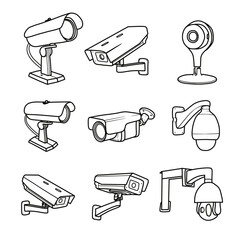 Various model of cctv camera in line art vector style, isolated on white background. Cctv or security camera in line art vector style for coloring book.