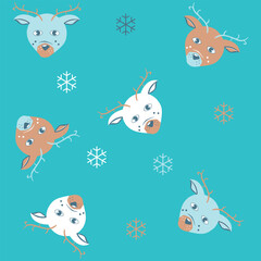 Fototapeta premium Seamless vector pattern with cute forest animals dressed in winter clothes. Perfect for textile, wallpaper or print design.