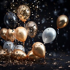 Generative AI image of several golden balloons floating on confetti at a party