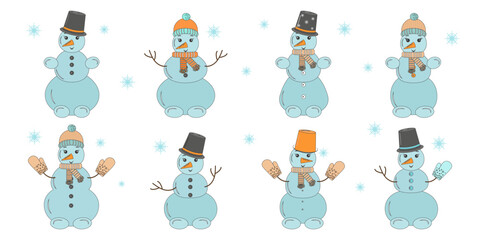 Set of cute funny snowmen line art. Design postcard banner, flyer. Vector illustration.