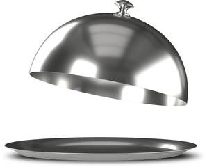 Silver tray with open cloche 3d render realistic mockup empty plate with hemisphere lid for serving hot food