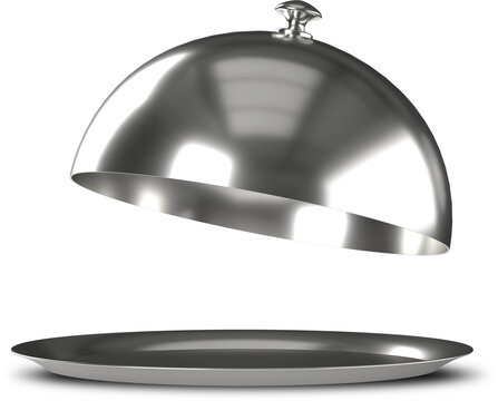 Silver tray with open cloche 3d render realistic mockup empty plate with hemisphere lid for serving hot food