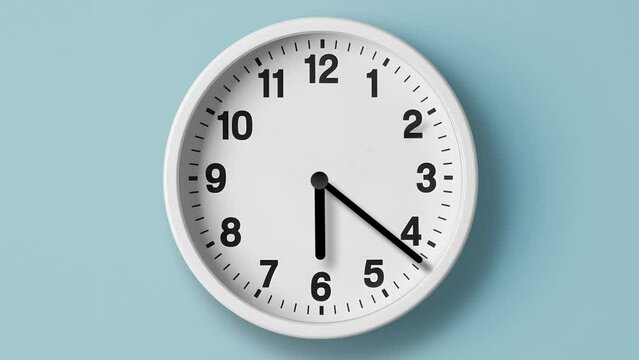 Analog wall clock spinning animation through the hours, AI generated clock image on a powser blue background