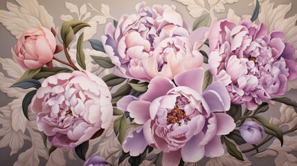 A mesmerizing composition featuring a cluster of pastel pink peonies, nestled within the elegant designs of Marquetry, with hints of white and purple for added contrast.