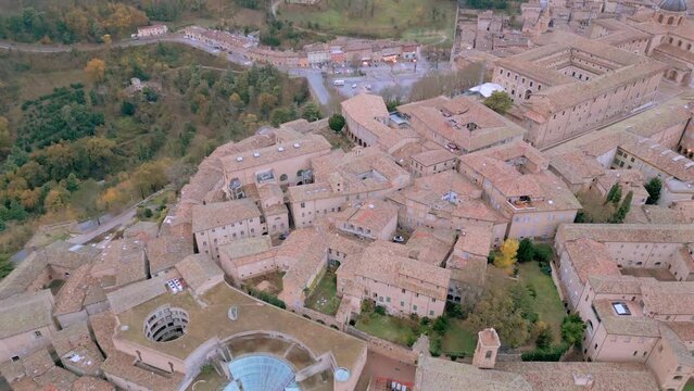 Italy, 05 December 2023 - aerial view of the wonderful medieval village of Urbino in the province of Pesaro and Urbino in the Marche region. Here you can breathe an air of past history