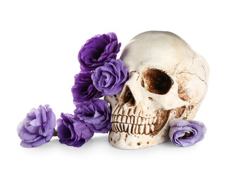 Human skull with beautiful eustoma flowers on white background