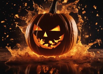 decorative pumpkin for halloween, exploding ingredients, flame, splash and smoke background 