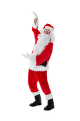 Man in Santa Claus costume posing on white background