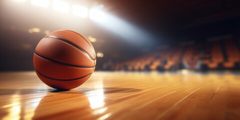 Basketball on wooden floor with dramatic lighting in empty gym - obrazy, fototapety, plakaty