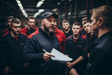 Foreman briefing workers on a strategy in a logistics warehouse - obrazy, fototapety, plakaty