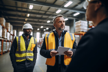 Logistics manager talking with employees in a warehouse