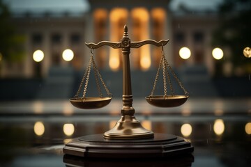 Scales of justice on a reflective surface at dusk - obrazy, fototapety, plakaty