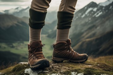 Close-up of man's feet wearing merino socks and hiking boots on a rocky mountain peak