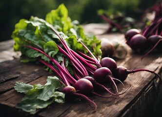 freshly picked organic beets from the field on the wooden surface. above view

 - obrazy, fototapety, plakaty