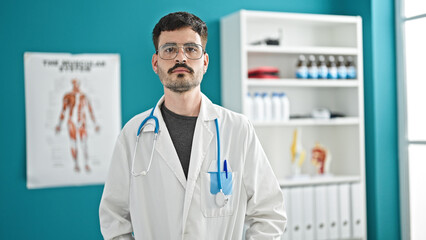 Young hispanic man doctor standing with serious expression at clinic