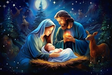 beautiful colorful magical Christmas picture for postcard for christmas with newborn Jesus and holy family, generative AI