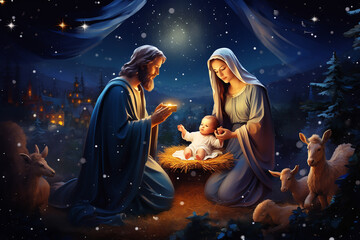 beautiful colorful magical Christmas picture for postcard for christmas with newborn Jesus and holy family, generative AI