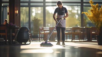 a worker from a cleaning company does professional cleaning in a large, bright office space. Professional cleaning services.