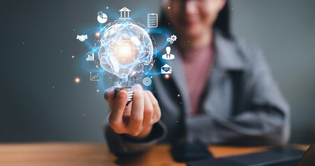 Hand holding Light bulb Global Internet connection. Business global internet connection application technology and digital marketing, Financial and banking, Digital link tech, big data.
