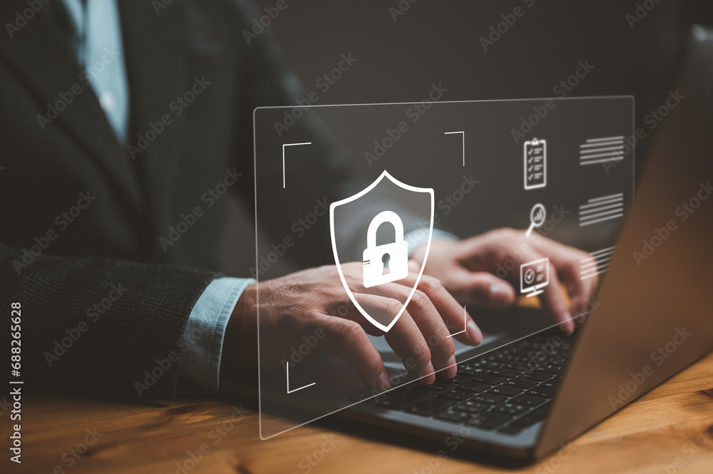 Poster cybersecurity and privacy concepts to protect data. lock icon and internet network security technolo