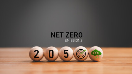 net zero emmissions concept, CO2 reducing icon and 2050 number for decrease CO2 , carbon footprint and carbon credit to limit global warming from climate change concept.