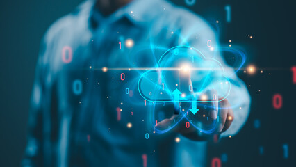 Big data technology and data science. Data scientist querying, analyzing and visualizing complex information on virtual screen. Data flow concept. Business analytics, finance, neural network, AI.