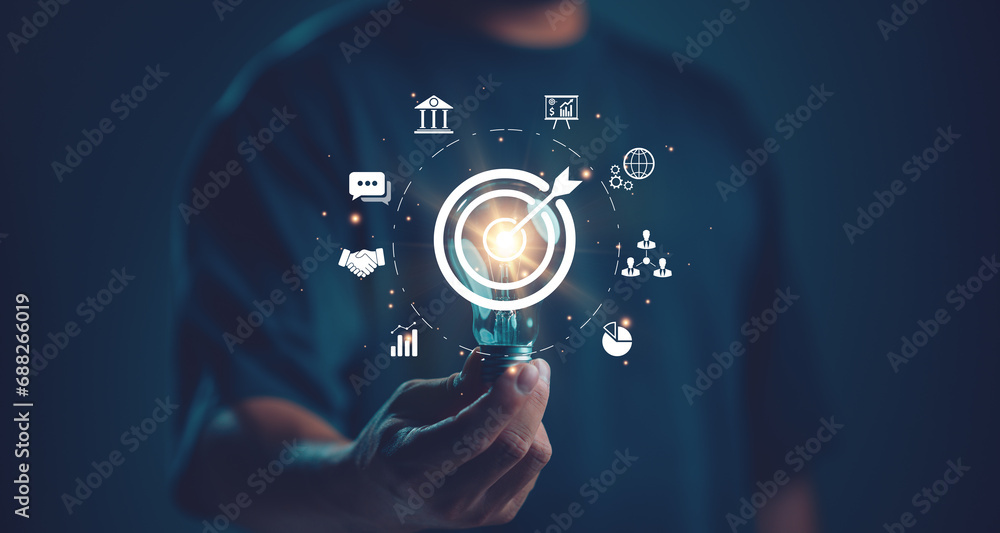 Poster businessman holding lightbulb with target icon. business global internet connection application tech