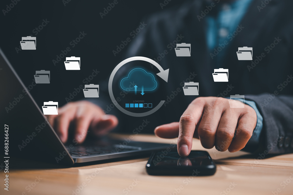 Aufkleber technology data transformation concept, businessman using smartphone and laptop uploading to cloud c