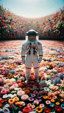 AI-Generated Image: Astronaut on the Planet of Flowers