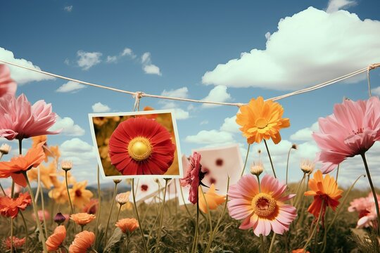 Backgro Grass Sky Beautiful Flowers Images Polaroid abstract album announcement blank border clothes line clothespin collection copy dark darkroom design to urbanize dry frame grunge grimy hang