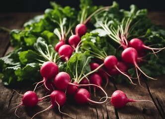freshly picked organic radishes from the field on a wooden surface

