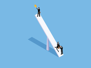 Businessman uses a seesaw to get a stars. Teamwork isometric 3d vector concept