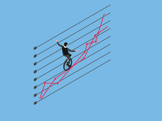 Manager balancing on unicycle trying to drive through business chart isometric 3d vector concept © Creativa Images
